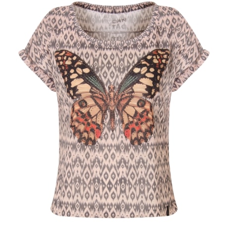 CANTÃO -  T-SHIRT ESTAMPADA BORBOLETTA FOLK - BEGE