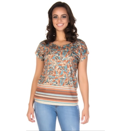 CANTÃO - T-SHIRT RAGLÃ ESTAMPA GEOMÉTRICA - FERRUGEM