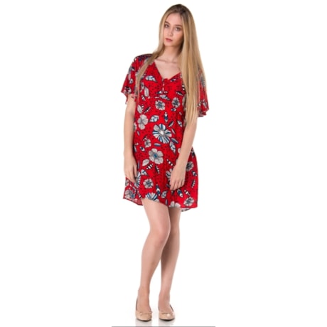 CANTÃO - VESTIDO CURTO ESTAMPADO MANGA BABADO - VERMELHO