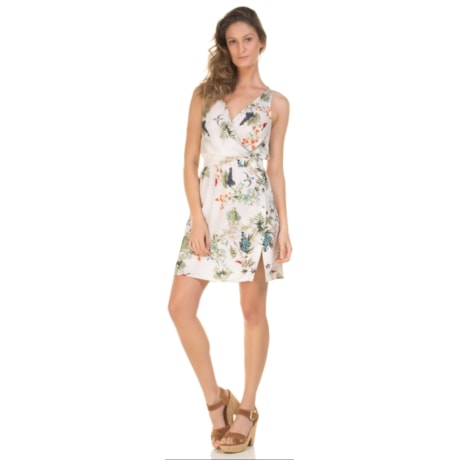 CANTÃO - VESTIDO ESTAMPADO DECOTE TRANSPASSE BOTÕES LATERAIS - OFF WHITE CANTÃO - VESTIDO ESTAMPADO DECOTE TRANSPASSE BOTÕES LATERAIS - OFF WHITE