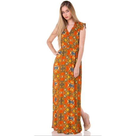 CANTÃO - VESTIDO LONGO ESTAMPA FLORAL COM BOLSOS - LARANJA