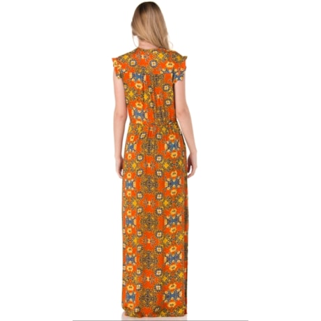 CANTÃO - VESTIDO LONGO ESTAMPA FLORAL COM BOLSOS - LARANJA