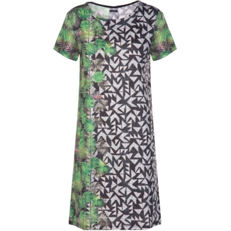 CANTÃO - VESTIDO T-SHIRT ESTAMPA TROPICAL GRÁFICA - P&B
