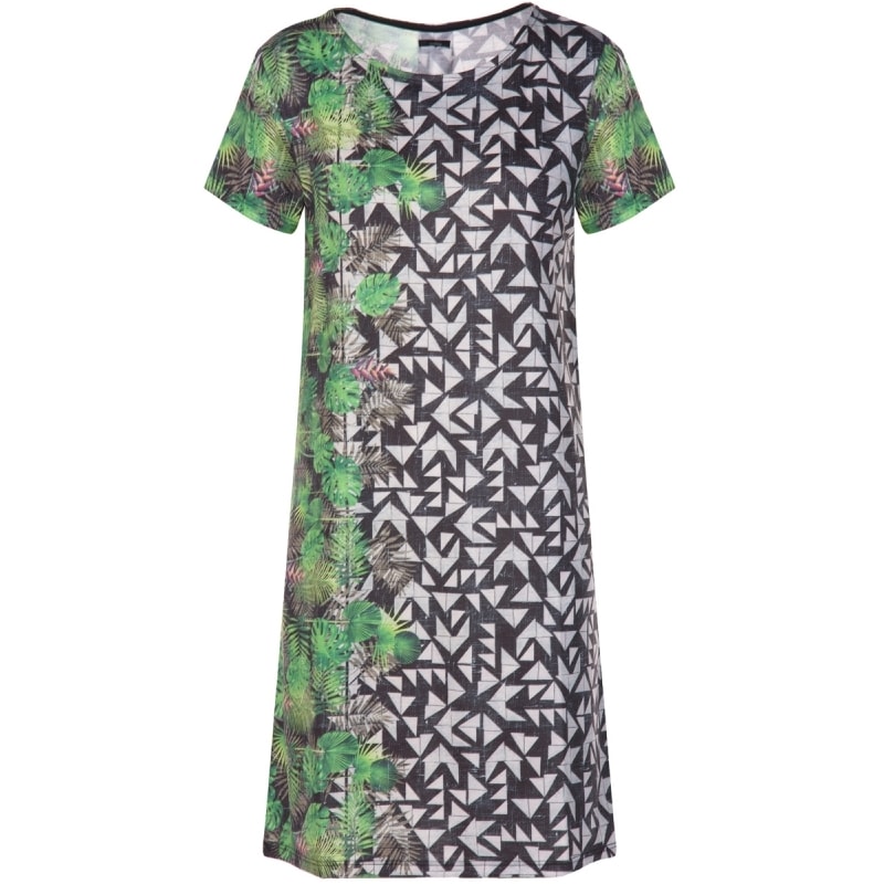 CANTÃO - VESTIDO T-SHIRT ESTAMPA TROPICAL GRÁFICA - P&B