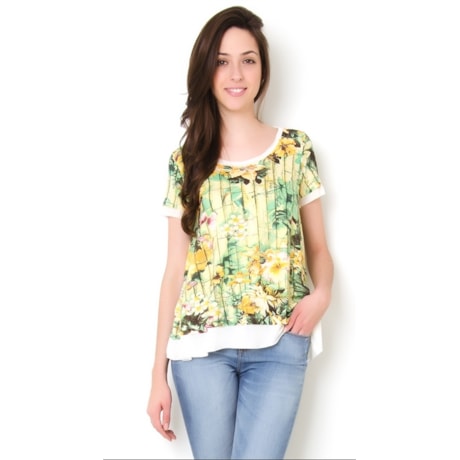 CAPITOLLIUM - BLUSA A VISCOSE ESTAMPADA TECIDO LISO BARRA/DEC/MANGA - AMARELO