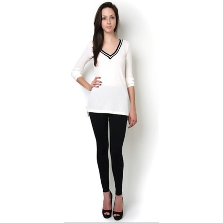 CAPITOLLIUM - BLUSA CANELADO DEC V LISTRADA M/L - OFF WHITE
