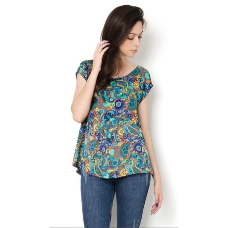 CAPITOLLIUM - BLUSA CREPE FLORAL FRANZIDA - TURQUESA