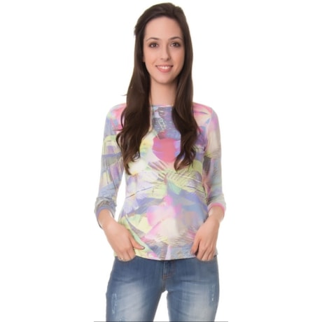 CAPITOLLIUM - BLUSA ESTAMPADA DECOTE CANOA MANGA 3/4 - LILÁS