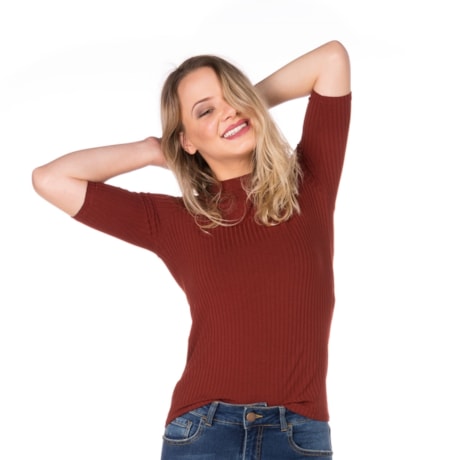 CAPITOLLIUM - BLUSA GOLA ALTA MANGA 3/4 CANELADA - BEGE