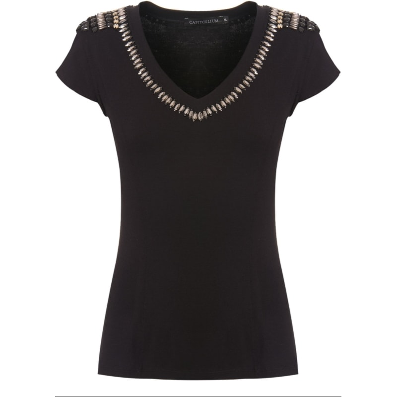 CAPITOLLIUM - BLUSA RECORTES DECOTE V E OMBRO PEDRARIAS - PRETO