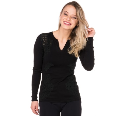 CAPITOLLIUM - BLUSA TRICÔ APLICAÇÃO RENDA - PRETO