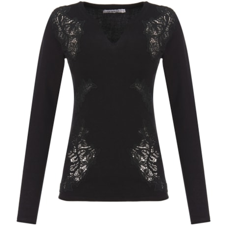 CAPITOLLIUM - BLUSA TRICÔ APLICAÇÃO RENDA - PRETO