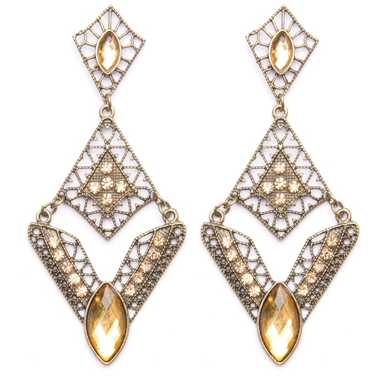 CAPITOLLIUM - BRINCO 3/PLACAS VAZADAS C/PEDRAS FACETADAS E STRASS - AMARELO