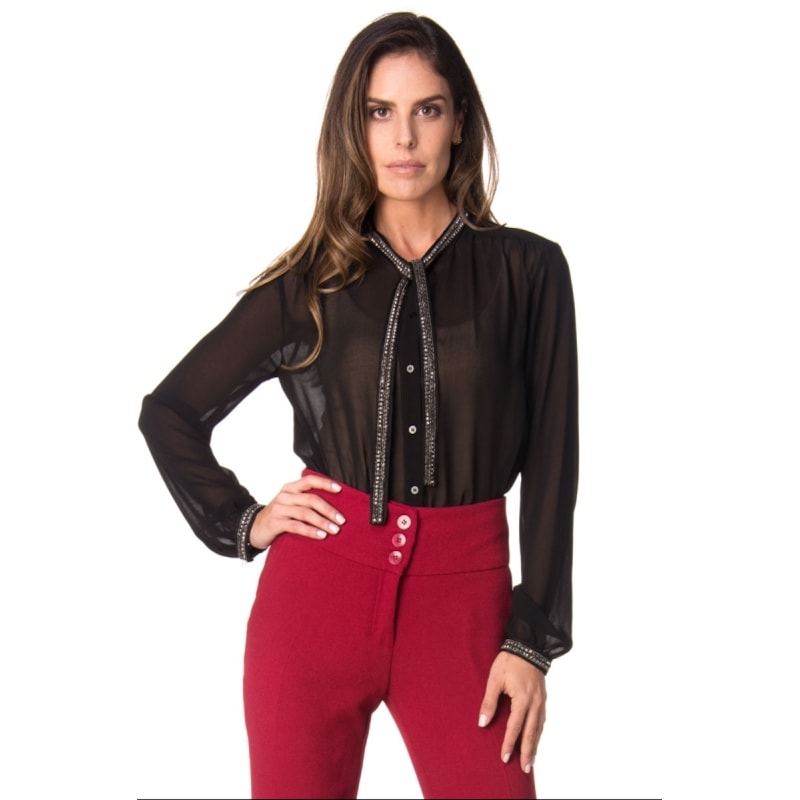 CAPITOLLIUM - CAMISA GOLA LAÇO DETALHE STRASS - PRETO