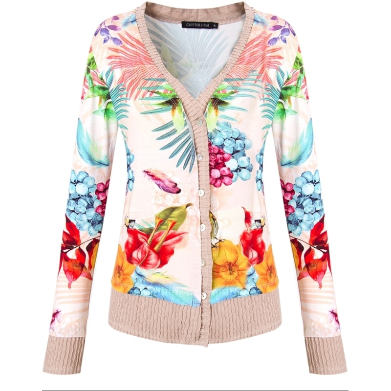 CAPITOLLIUM - CARDIGAN MALHA FLORAL NERVURAS BOLSO - BEGE