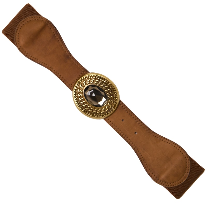 CAPITOLLIUM - CINTO ELÁSTICO/COURO COM FIVELA EM BANHO OURO VELHO COM PEDRA GRANDE - MARROM