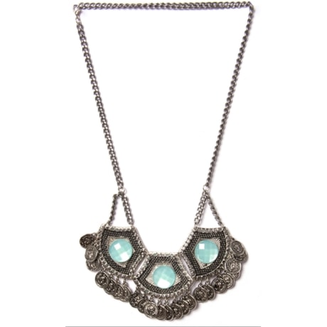 CAPITOLLIUM - COLAR 3/PLACAS COM PEDRA VERDE PINGENTES MEDALHAS - PRATA VELHA