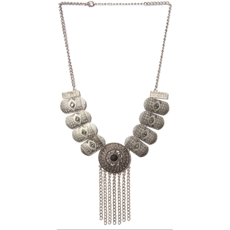 CAPITOLLIUM - COLAR 8/PLACAS C/STRASS MEDALHÃO C/FRANJA - PRETO