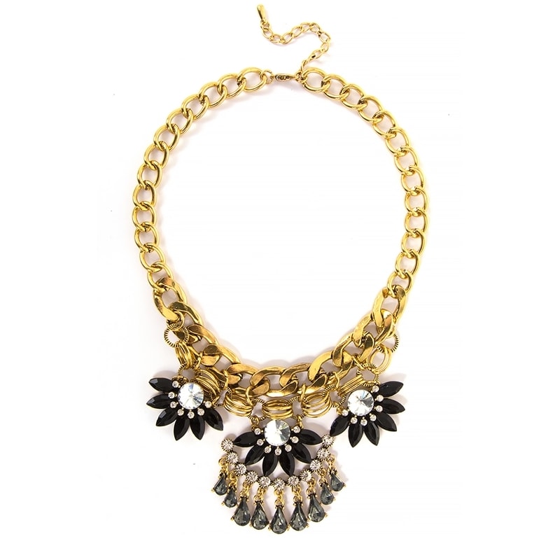 CAPITOLLIUM - COLAR CORRENTE MEIA FLOR PEDRAS E STRASS - PRETO C/ DOURADO