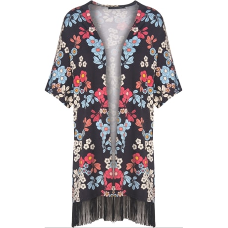 CAPITOLLIUM EXCLUSIVE - KIMONO FLORAL COM FRANJAS - PRETO