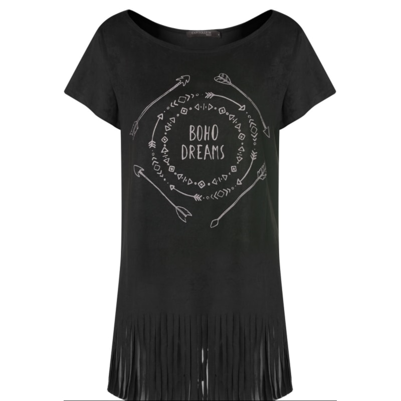 CAPITOLLIUM EXCLUSIVE - T-SHIRT SUEDE FRANJAS ESTAMPA BOHO DREAMS - PRETO