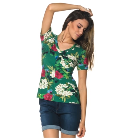 CAPITOLLIUM EXCLUSIVE - T-SHIRT VISCOSE ESTAMPA FLORAL DECOTE V - VERDE