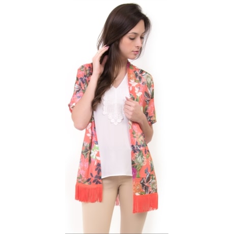 CAPITOLLIUM - KIMONO FLORAL MALHA TRABALHADA COM FRANJA - CORAL