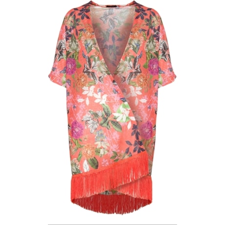 CAPITOLLIUM - KIMONO FLORAL MALHA TRABALHADA COM FRANJA - CORAL