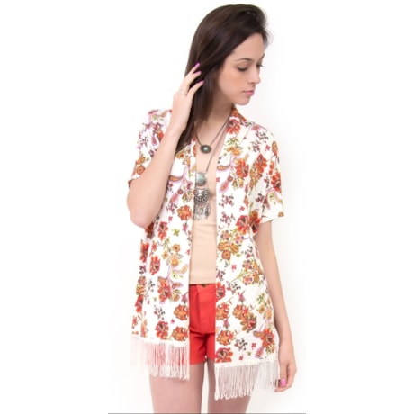 CAPITOLLIUM - KIMONO MALHA FLORAL COM FRANJAS - OFF WHITE