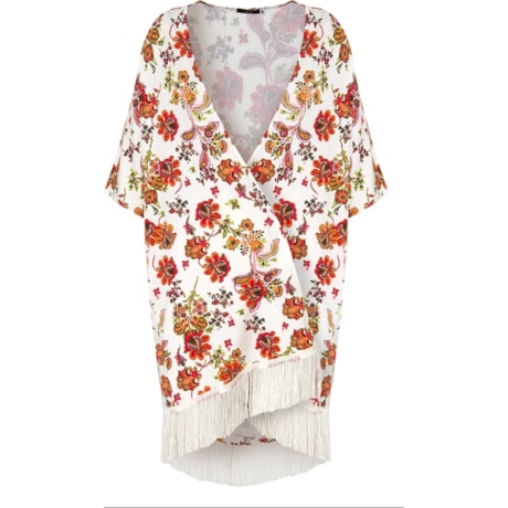 CAPITOLLIUM - KIMONO MALHA FLORAL COM FRANJAS - OFF WHITE