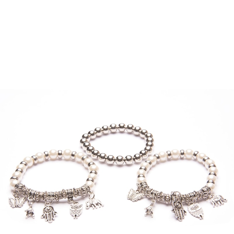 CAPITOLLIUM - KIT 3/PULSEIRAS PÉROLAS E 5/PINGENTES BICHOS - PRATA
