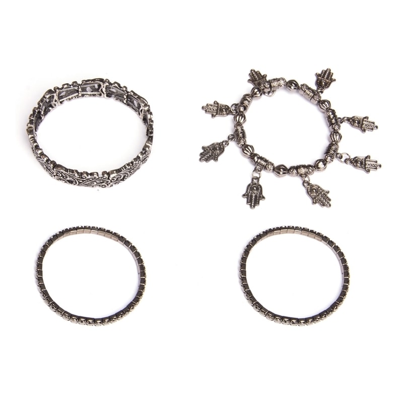 CAPITOLLIUM - KIT 4/PULSEIRAS PINGENTES MÃO PLACAS METAL - PRATA VELHA