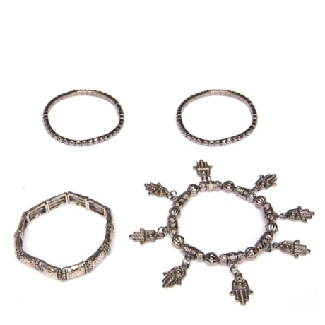 CAPITOLLIUM - KIT 4/PULSEIRAS PLACAS METAL VAZADO PINGENTE MÃO - PRATA VELHA
