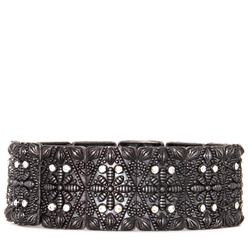 CAPITOLLIUM - PULSEIRA PLACAS METAL FLOR C/STRASS - PRATA VELHA