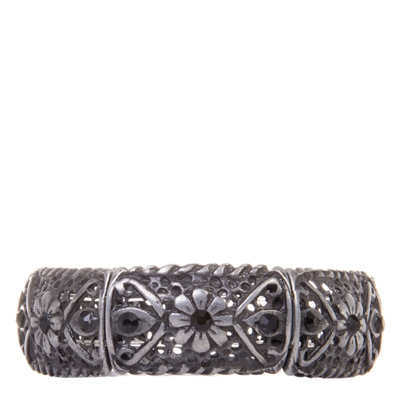 CAPITOLLIUM - PULSEIRA SEIS PLACAS PRATA VELHA VAZADA FLOR STRASS - PRETO