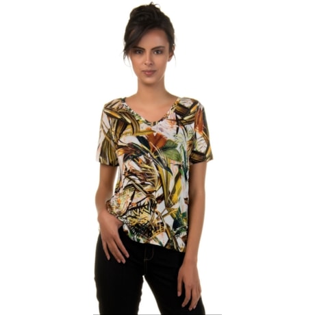 CAPITOLLIUM - T-SHIRT ESTAMPA FOLHAGENS DECOTE V - VERDE