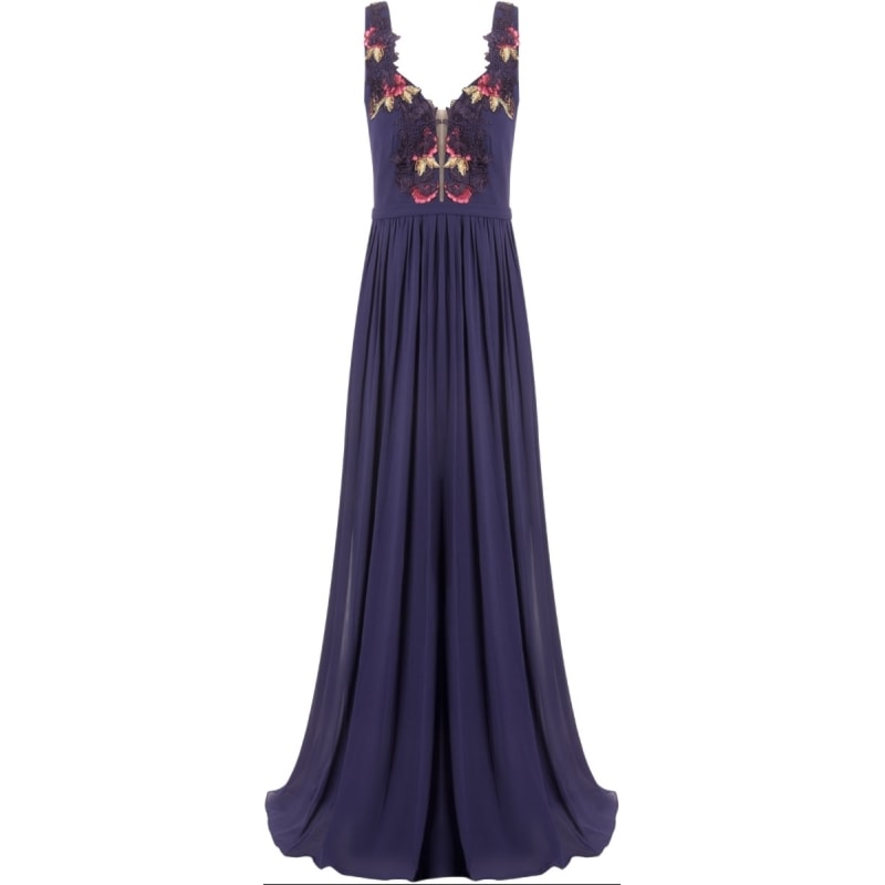CAPITOLLIUM - VESTIDO DE FESTA LONGO CHIFFON COM BORDADO FLORES DECOTE MANOELA - MARINHO