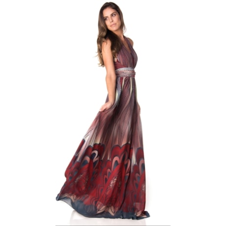 CAPITOLLIUM - VESTIDO DE FESTA LONGO ESTAMPADO FAIXA CINTURA - VINHO CAPITOLLIUM - VESTIDO DE FESTA LONGO ESTAMPADO FAIXA CINTURA - VINHO