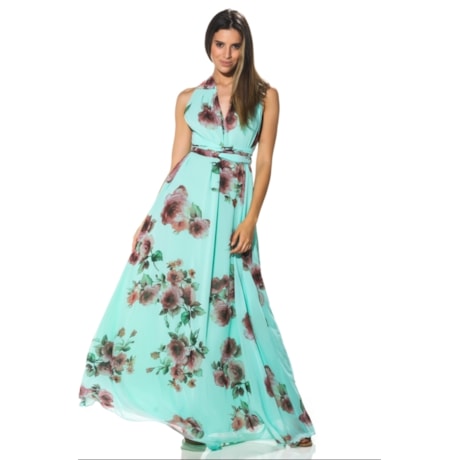 CAPITOLLIUM - VESTIDO DE FESTA LONGO FLORAL FAIXA CINTURA - AZUL TIFFANY