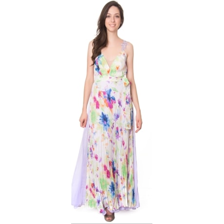 CAPITOLLIUM - VESTIDO DE FESTA LONGO FLORAL PLISSADO - LILÁS CAPITOLLIUM - VESTIDO DE FESTA LONGO FLORAL PLISSADO - LILÁS