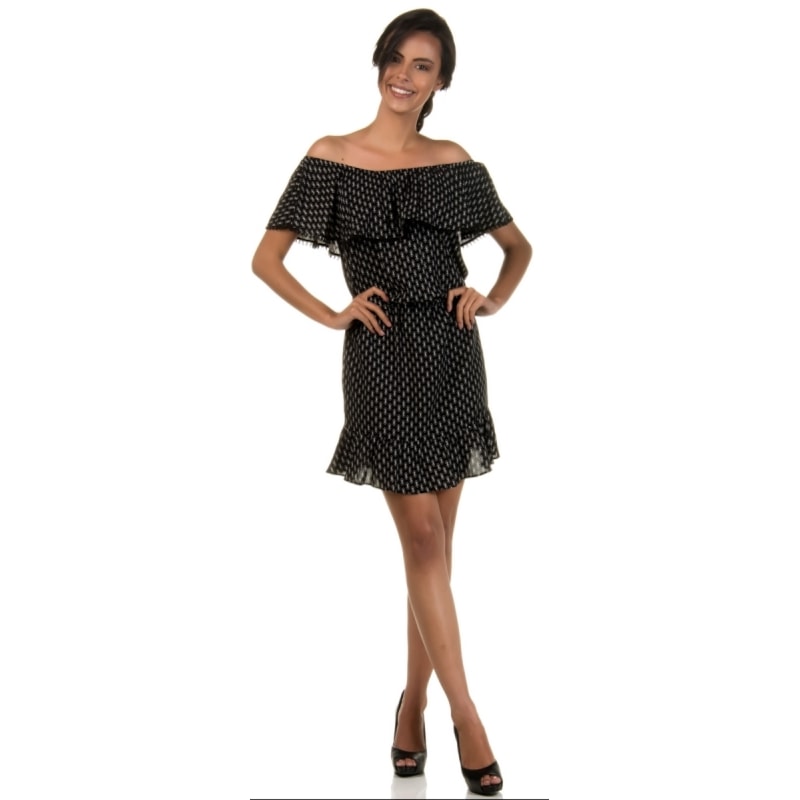 CAPITOLLIUM - VESTIDO ESTAMPADO OMBRO A OMBRO COM BABADO - PRETO