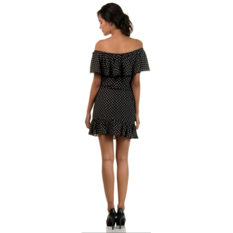 CAPITOLLIUM - VESTIDO ESTAMPADO OMBRO A OMBRO COM BABADO - PRETO