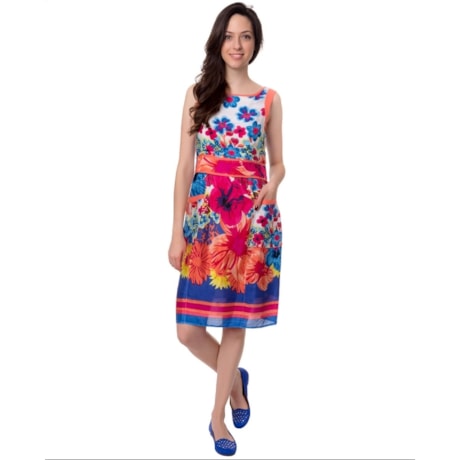 CAPITOLLIUM - VESTIDO FLORAL COM VIVO BARRADO LISTRAS E BOLSOS - CORAL