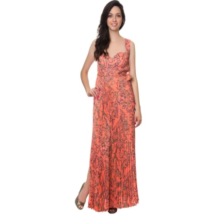 CAPITOLLIUM - VESTIDO LONGO ESTAMPADO PLISSADO FENDAS LATERAIS - CORAL CAPITOLLIUM - VESTIDO LONGO ESTAMPADO PLISSADO FENDAS LATERAIS - CORAL