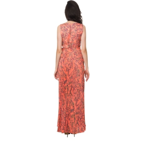 CAPITOLLIUM - VESTIDO LONGO ESTAMPADO PLISSADO FENDAS LATERAIS - CORAL
