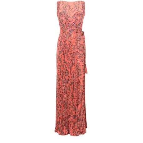 CAPITOLLIUM - VESTIDO LONGO ESTAMPADO PLISSADO FENDAS LATERAIS - CORAL CAPITOLLIUM - VESTIDO LONGO ESTAMPADO PLISSADO FENDAS LATERAIS - CORAL