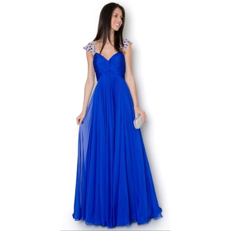 CAPITOLLIUM - VESTIDO LONGO SHIFFON BUSTO PLISSADO - AZUL