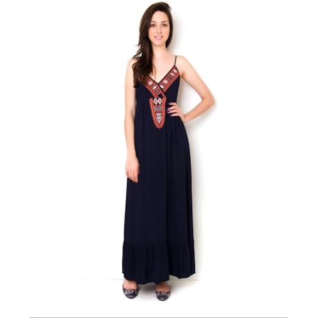 CAPITOLLIUM - VESTIDO LONGO VISCOSE BORDADO ÉTNICO - MARINHO