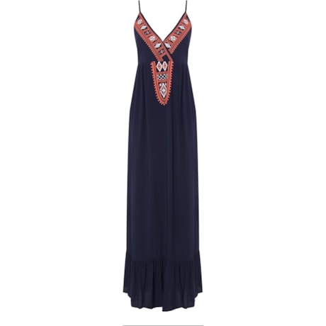 CAPITOLLIUM - VESTIDO LONGO VISCOSE BORDADO ÉTNICO - MARINHO