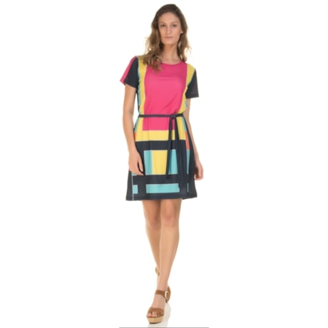 CAPITOLLIUM - VESTIDO MALHA ESTAMPA COLOR BLOCK FAIXA CINTURA - PINK